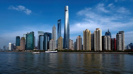 Towering City Skyline Panorama View from Low Vantage Point with Modern Skyscrapers Against Clear Blue Sky