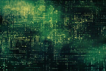 Obraz premium Dark green background with small dark spots and glitch effect for digital design