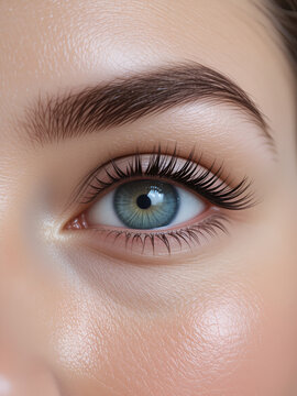 Close-up of a woman's eye after an eyelash lamination procedure.