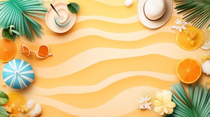 Summer beach vacation,  tropical, stylish accessories,  orange slices,  palm leaves,  sand,  beach umbrella,  sun glasses,  cup,  hat.