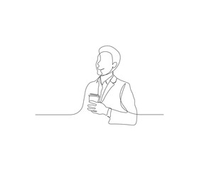 Continuous single line drawing of person holding coffee with paper cup. Take away coffee shop single line vector illustration concept. Editable outline.