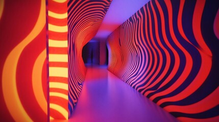 Vibrant, psychedelic tunnel with vibrant stripes and glowing colors.