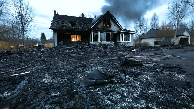 A charred residential home with its roof partially collapsed, ashes covering the ground, illustrating the financial risks of fire damage without proper insurance.