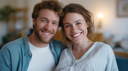 A joyful couple celebrates parenthood in a cozy living room