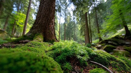 Lush forest floor, moss and trees