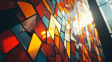 Colorful stained glass window detail, sunbeams shining through.