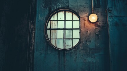 Circular window in a dark, grungy industrial wall, lit by a warm-toned lightbulb.