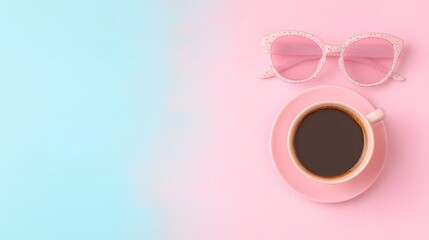 Pastel Pink and Blue Flatlay with Coffee Cup and Sunglasses