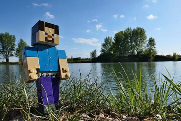 Naklejka premium LEGO Minecraft action figure of main character Steve, walking on bank of large spring fish pond, broadleaf trees, shrubs and reed plants in background. 