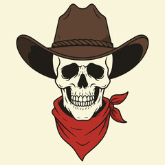 Skull Cowboy with Brown Hat and Red Bandana Western Vector Art