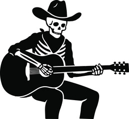 Seated Skeleton Cowboy Playing Guitar Western Undead Musician Vector