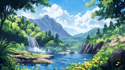Serene mountain river valley scene with waterfall and lush greenery.