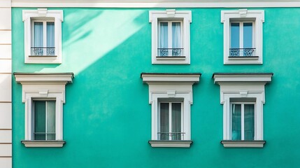 A teal building facade with classic white window frames.