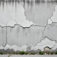 Wide old light gray shabby concrete wall. Broken cement surface texture panorama. Long grunge vintage background
