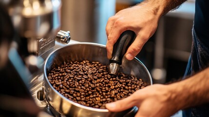 Barista transferring roasted coffee beans into a metal container.