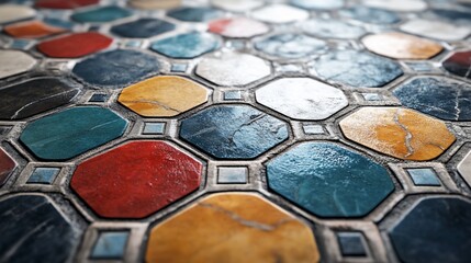 Close-up view of a colorful, patterned mosaic floor.  Geometric shapes and vibrant hues create an intricate design..
