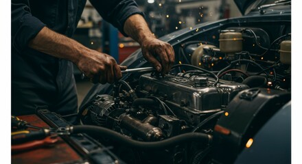 Obraz premium Mechanic working on car engine. Close-up view of hands using tools