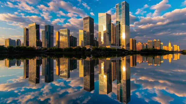 Tianjin skyline reflecting on hai river at sunset