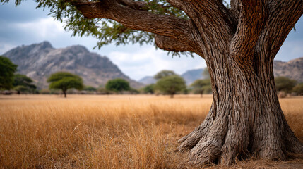 Majestic tree at a grassy field before mountains under a cloudy sky at daytime