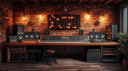 Industrial recording  interior with vintage sound equipment.