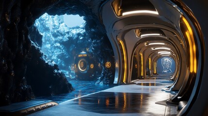 Futuristic tunnel corridor leads to a cave-like opening, featuring smooth curves, polished surfaces, and vibrant lighting.