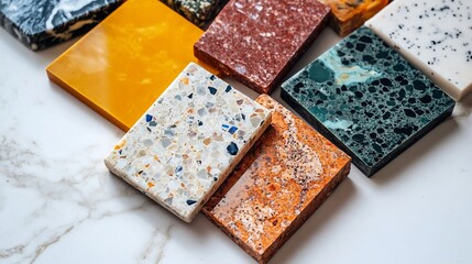 Assorted colorful composite stone samples on a marble surface.