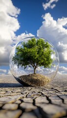 Lush Tree in Glass Dome against Arid Landscape