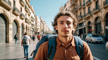 Smiling Young Male Traveler with Backpack Exploring European City — Urban Adventure in Natural Light