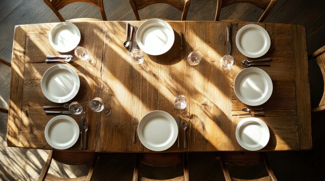 Wooden dining table with empty chairs and place setting