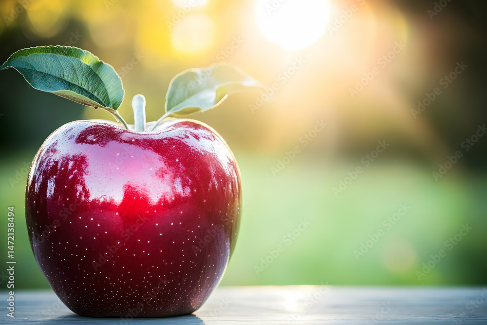 Poster sunlit red apple with leaves on rustic table
