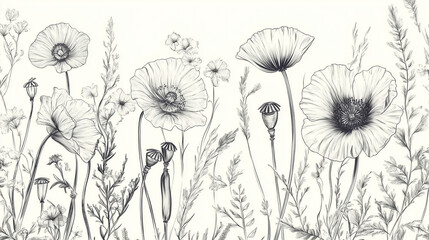 black and white toile de Jouy pattern, hand-drawn botanical illustration, vintage floral sketch, engraving style, high detail, seamless textile design, elegant, 18th century French style, monochrome