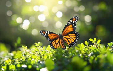 Monarch butterfly perched on vibrant green foliage bathed in sunlight.
