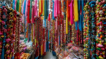 Colorful market filled with vibrant strings and decorative items