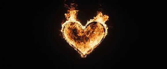 Burning heart with fire flames in a dark background symbolizing passion and love