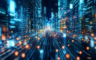 Futuristic city street with digital data streams, vibrant lights, and motion blur.