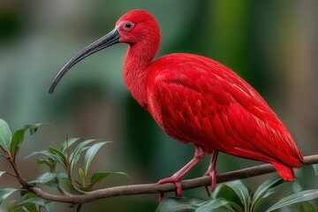 Naklejka premium Hyper-realistic Scarlet Ibis with vivid red feathers perched in a tropical wetland, glowing in natural sunlight, captured with a sharp 85mm lens.