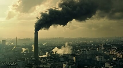 A smokestack towering over a city, belching out black smoke 