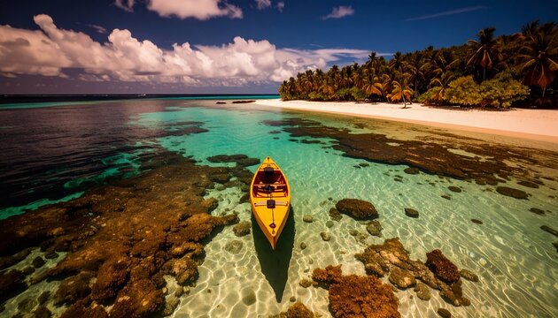 Paradise Cove: A small yellow boat floats serenely in crystal-clear turquoise waters, a testament to the untainted beauty of a remote beach sanctuary.