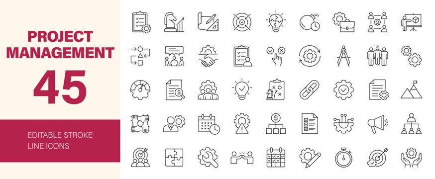 Project management icon set. Containing business, organization, planning, startup, marketing, collaboration, development, strategy and more. Editable line icons. Vector illustration.