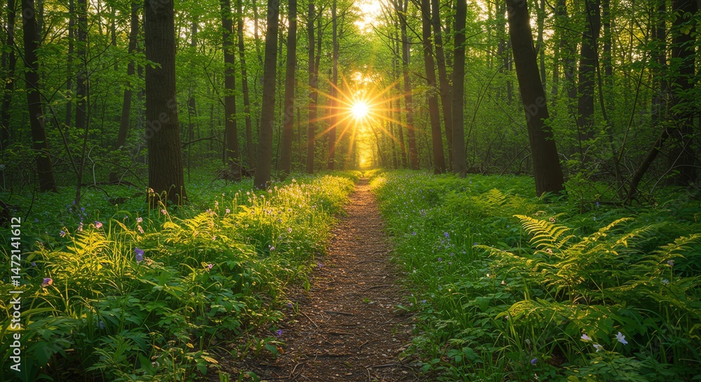 Poster sunlit forest path with ferns and trees