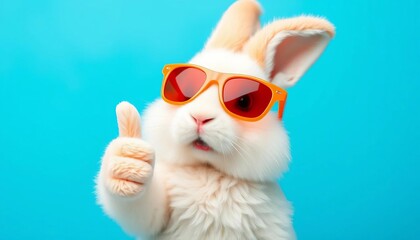 A fluffy Easter bunny wearing orange sunglasses gives a thumbs-up against a bright blue background,  pastel,  isolated