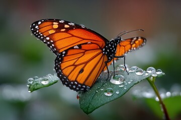Fototapeta premium Monarch butterfly with dew on leaves, wings spread against a muted background