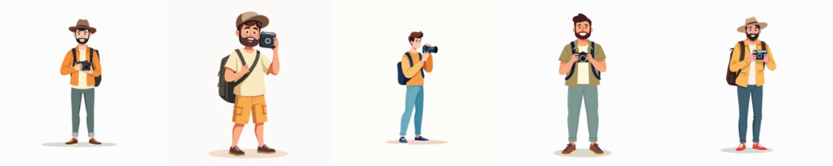 Happy Male Tourist Characters Taking Photos with Camera – Travel and Photography Concept