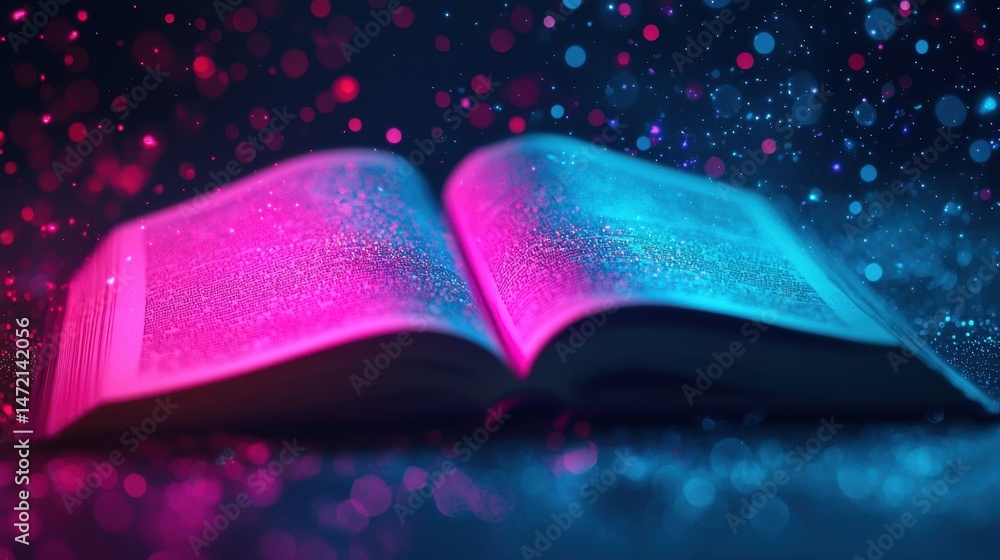 Poster vibrant colorful book with sparkling bokeh lights on dark background for artistic and creative theme