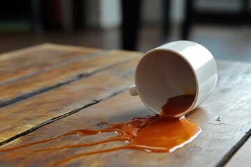 Spilled coffee cup on a rustic wooden table with liquid spread across surface and blurred background.