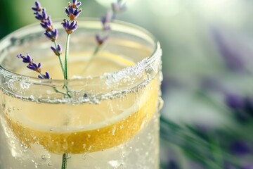 Close-up of Refreshing Lavender Lemonade: A Zesty and Aromatic Summer Drink with Lemon Slices and Sugar Rim