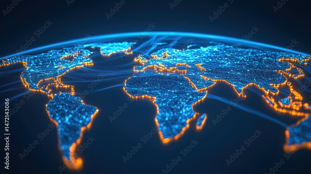 Aufkleber global network in a digital world, illuminated map with bright connections across continents and oce