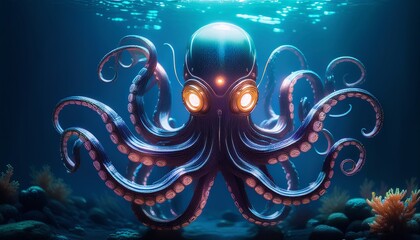 Fototapeta premium Mysterious Sea Octopus: An otherworldly octopus, illuminated in the deep sea, captivates with its mesmerizing presence.