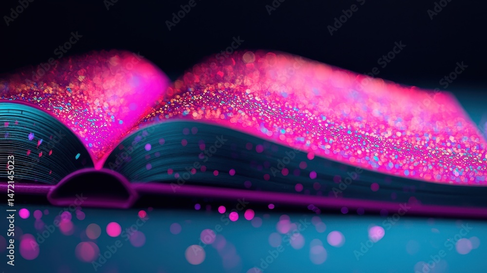 Poster open book with glittering pages and dreamy bokeh effect in vibrant colors against a soft background