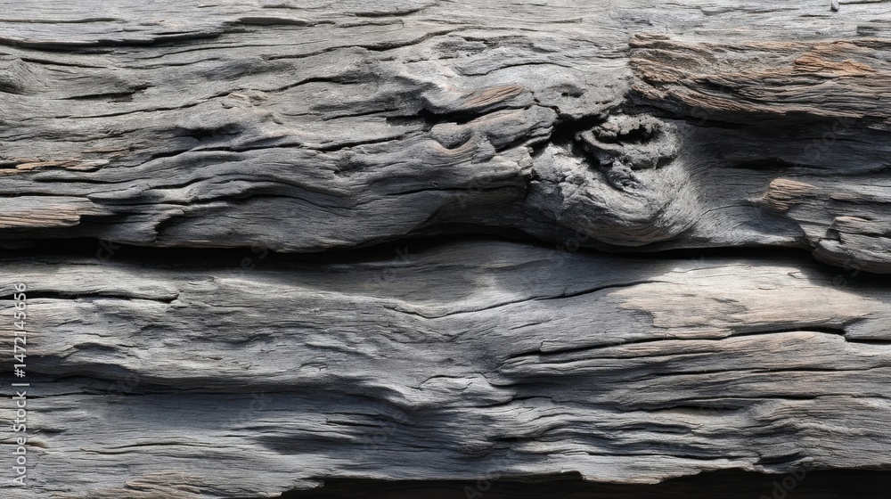 Poster Detailed close up of weathered gray driftwood, showing intricate grain patterns and textures.  The wood exhibits a natural, aged appearance with deep crevices and variations in tone. : Generative AI